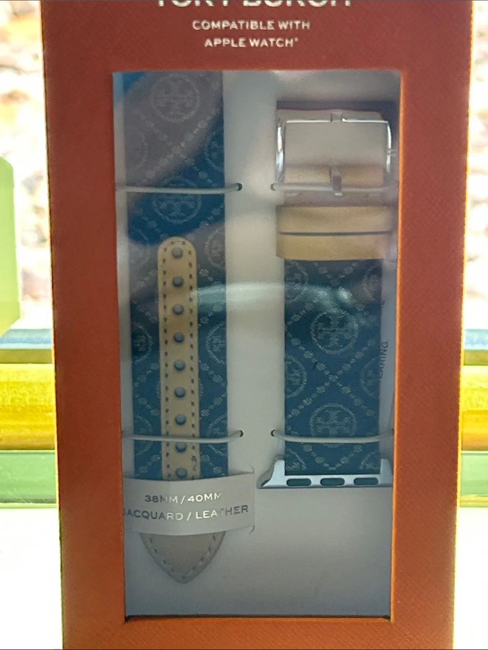 NEW!!  Tory Burch Leather-Trimmed Patterned Watch Strap in Yellow and Black